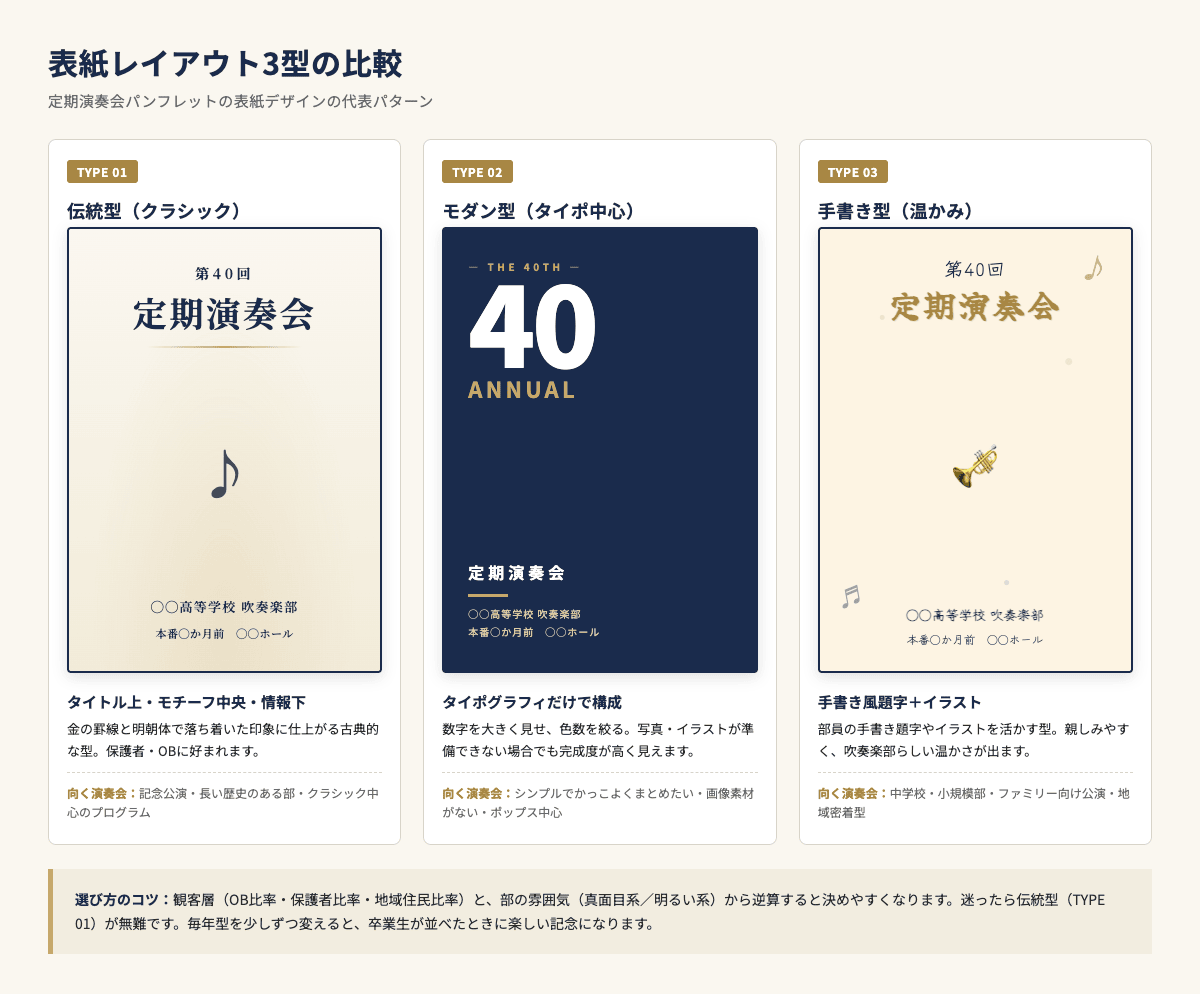 パンフレット表紙のレイアウト3型(伝統型・モダン型・手書き型)