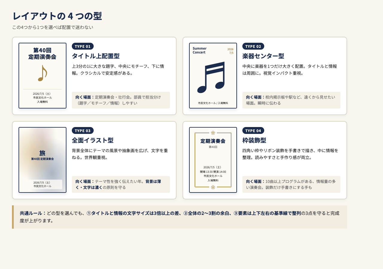 吹奏楽ポスターのレイアウト4つの型（タイトル上配置型・楽器センター型・全面イラスト型・枠装飾型）