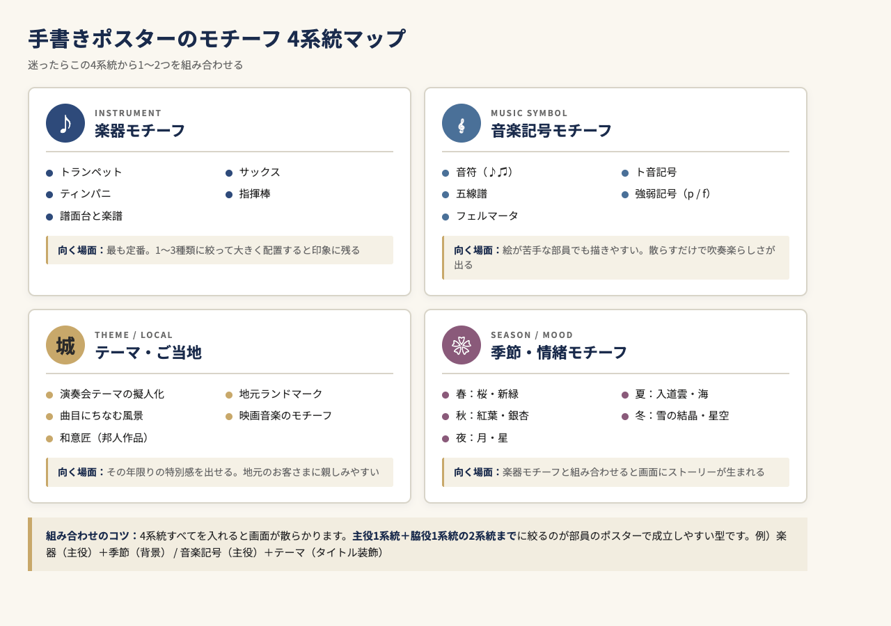 吹奏楽ポスターのモチーフ4系統（楽器・音楽記号・テーマご当地・季節）
