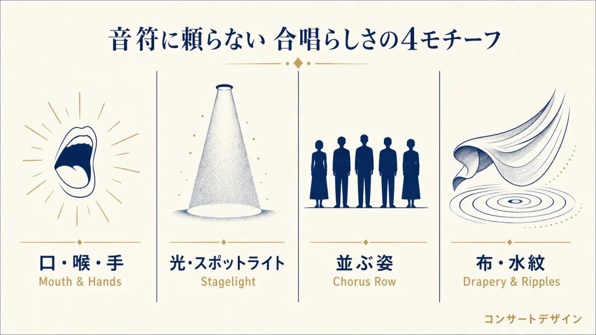 合唱ポスターで使えるモチーフの例|口・光・手・布で合唱らしさを表現