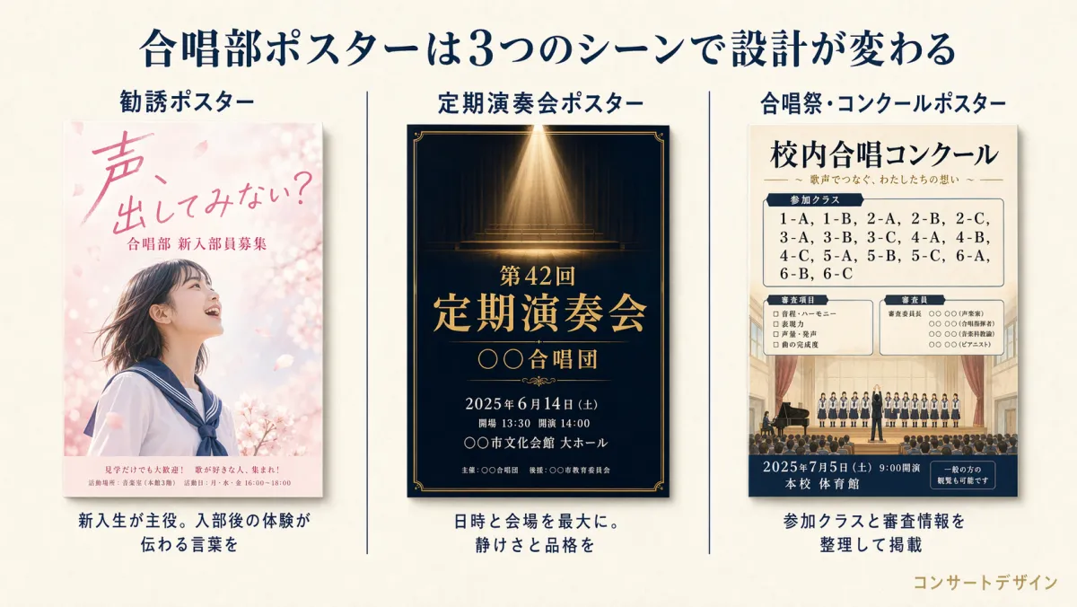 合唱部ポスターのシーン別デザイン例|勧誘・定期演奏会・合唱祭の比較