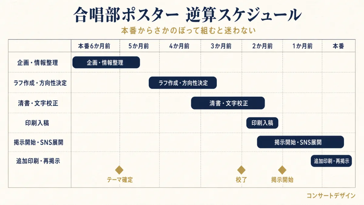 合唱部ポスター制作の逆算スケジュール|本番5か月前から入稿までの工程
