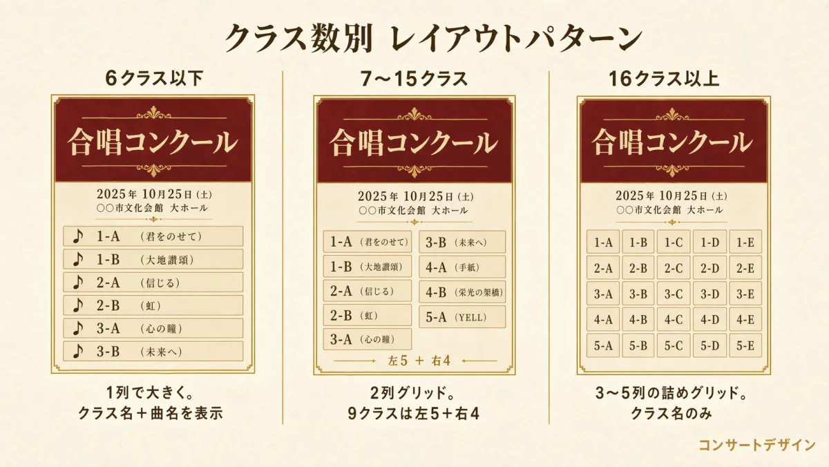 合唱コンクールポスターのクラス一覧レイアウト｜6クラス以下・7〜15クラス・16クラス以上のグリッド比較