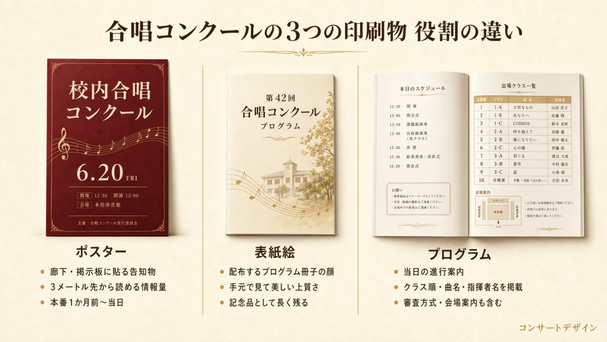 合唱コンクールの3つの印刷物（ポスター・表紙絵・プログラム）の役割・サイズ・情報量の違いを比較した図版