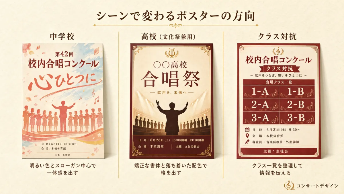 合唱コンクールのポスターデザイン例｜中学校・高校・外部告知の3シーン比較