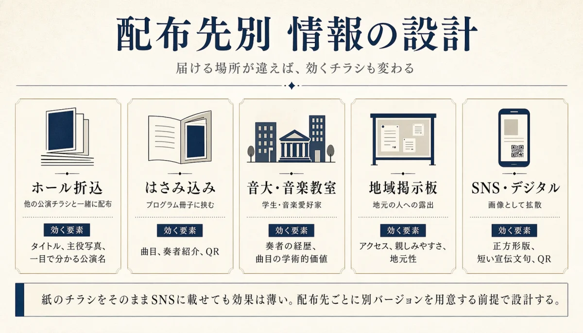 ホール折込・はさみ込み・音大・地域掲示板・SNSの5配布先と効く要素の比較