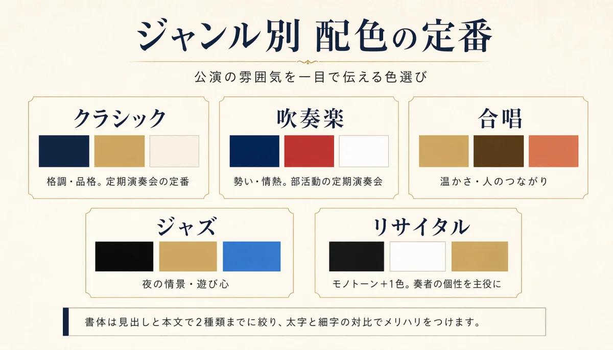 クラシック・吹奏楽・合唱・ジャズ・リサイタルのジャンル別配色パレット
