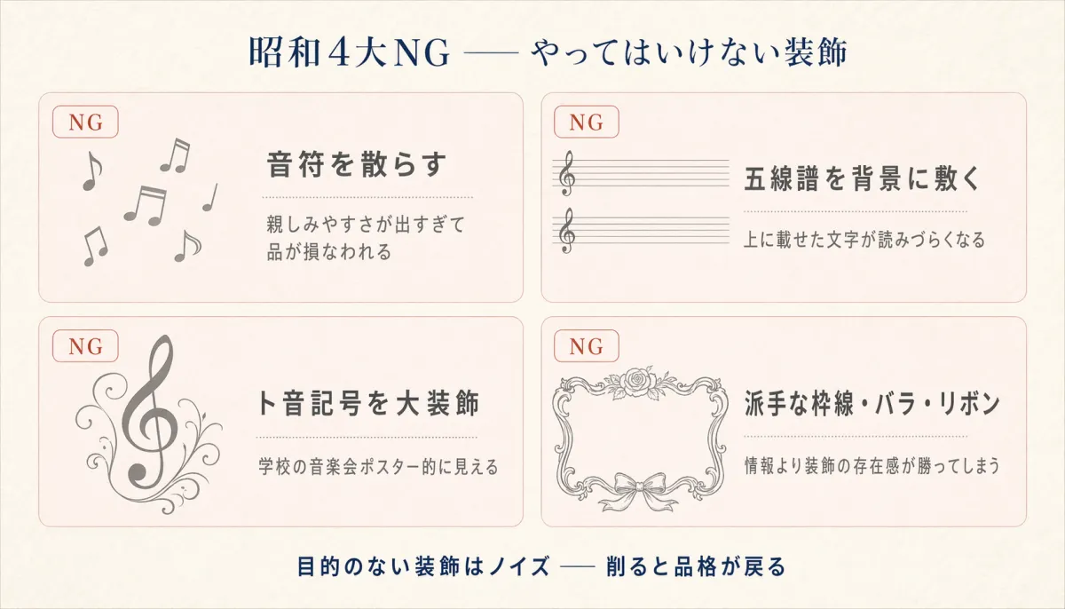 音符散らし・五線譜背景・ト音記号大装飾・派手な枠線の4つのNG装飾