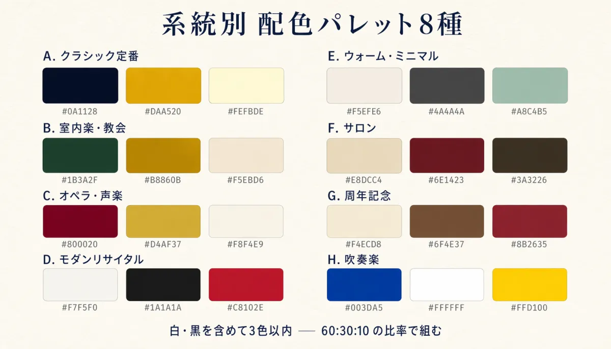 演奏会チラシで使える8つの配色パレットをHEXコード付きで並べた図