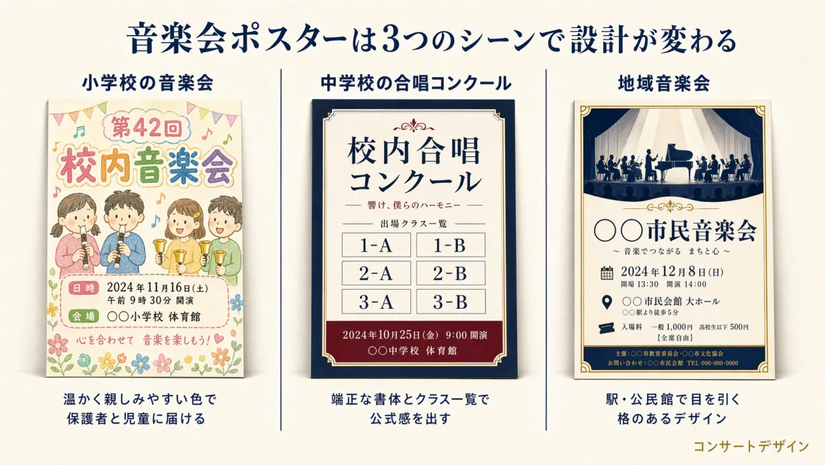 音楽会ポスターのシーン別デザイン例|小学校・中学校・地域音楽会の比較
