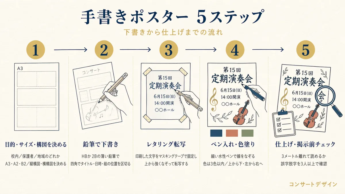 手書きポスターの作り方5ステップ|目的・構図決め→下書き→レタリング転写→ペン入れ→仕上げチェック