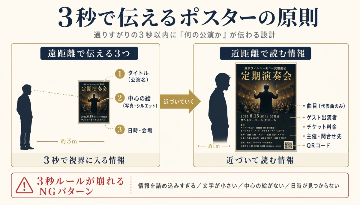 3秒ルールで伝える情報と近づいて読む情報の2パネル図解