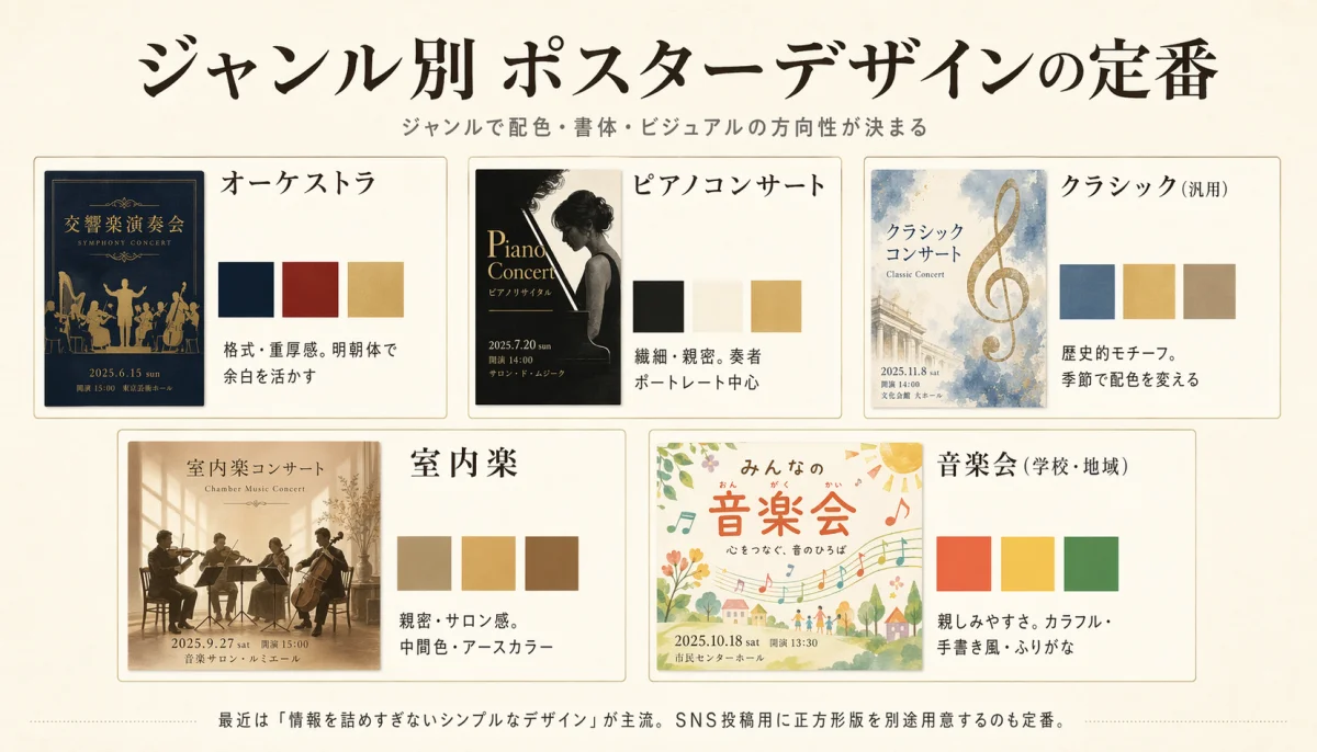 オーケストラ・ピアノコンサート・クラシック・室内楽・音楽会の5ジャンル別デザイン定番