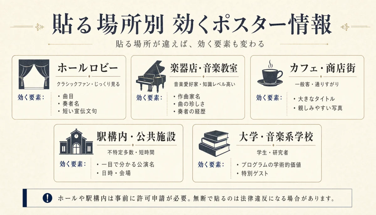 ホールロビー・楽器店・カフェ・駅・大学の5つの貼る場所別に効く情報を比較