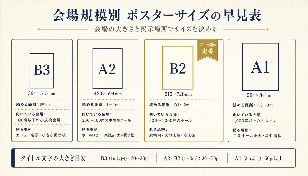 会場規模別のポスターサイズ早見表。B3/A2/B2/A1の4サイズと向いている会場を一覧化
