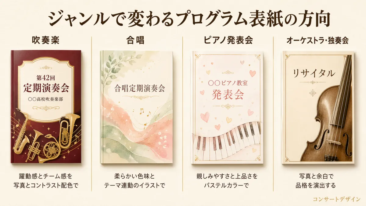 演奏会プログラムのサイズ（A5・B5・A4）と製本方式（中綴じ・無線綴じ）の基本解説図
