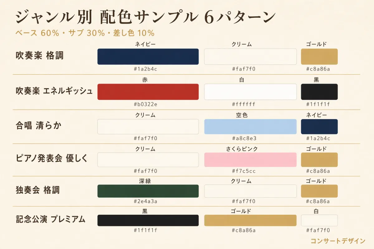演奏会プログラム表紙のジャンル別デザイン比較｜吹奏楽・合唱・ピアノ発表会・オーケストラの4パターン