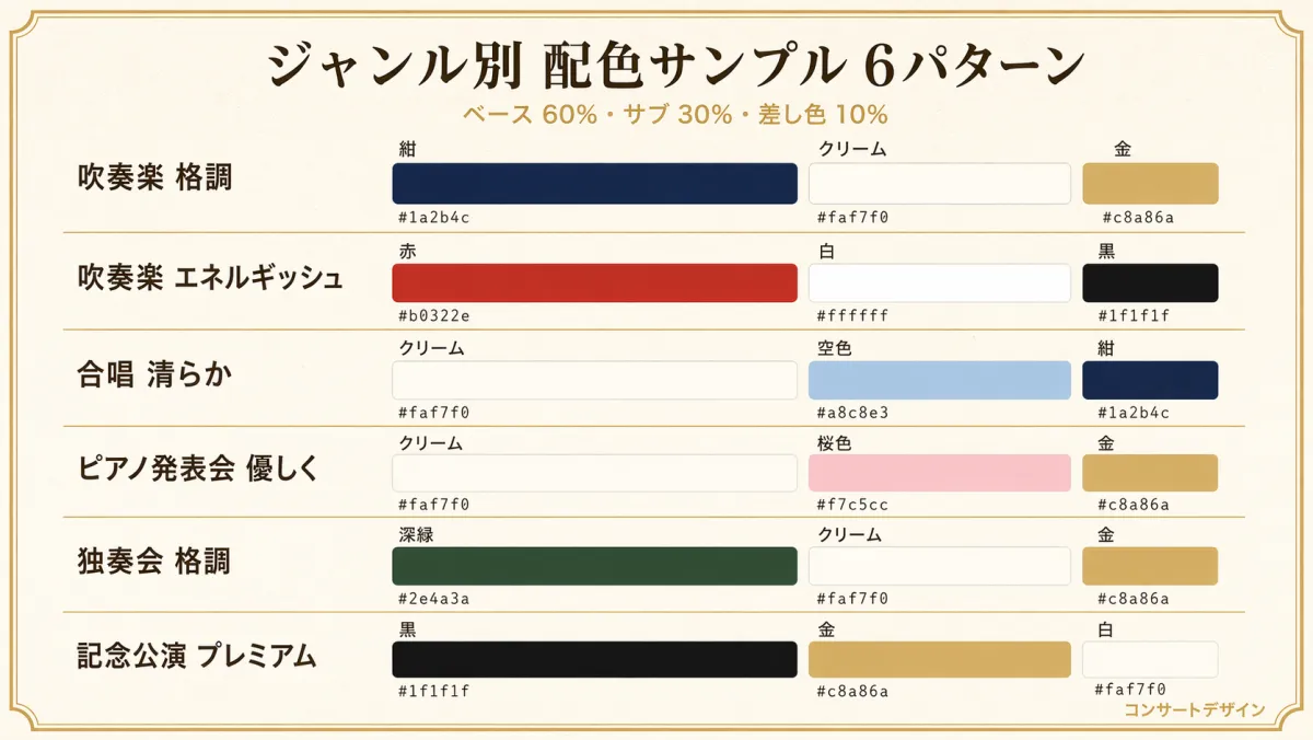 演奏会プログラム表紙の配色サンプル6パターン｜吹奏楽格調・エネルギッシュ・合唱・ピアノ発表会・独奏会・記念公演