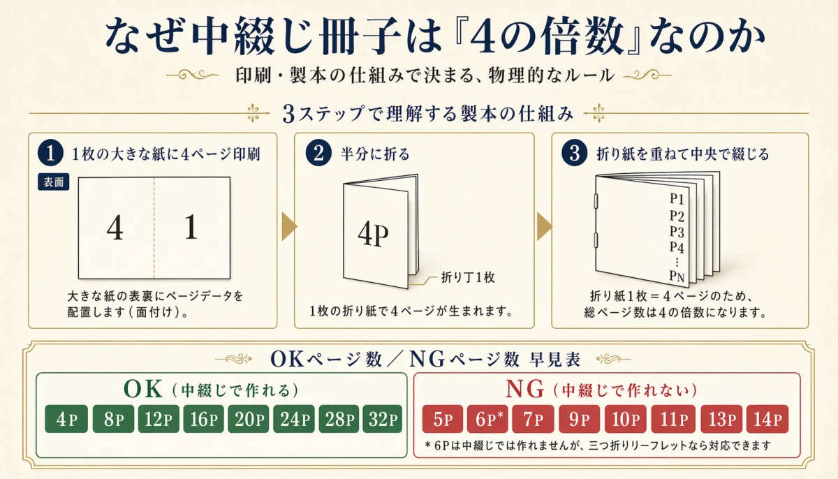 中綴じ冊子が4の倍数になる理由の図解。1枚の大きな紙に4ページ分を印刷し、半分に折って折り丁を作り、重ねて中央で綴じる3ステップ