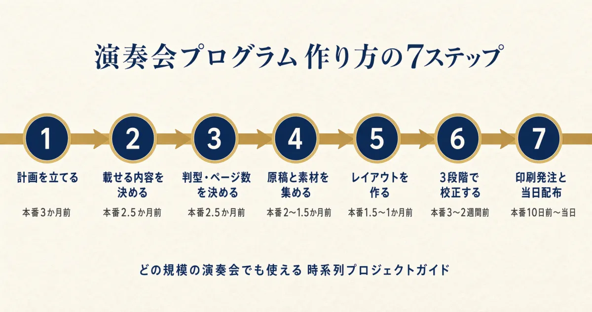 計画・内容決定・判型・原稿収集・レイアウト・校正・印刷の7ステップを横並びで示したフロー図
