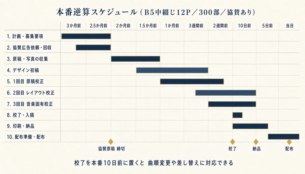 本番3か月前から当日までの制作スケジュールをガントチャートで示した図