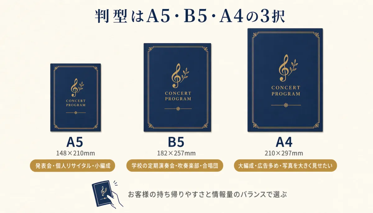 A5・B5・A4の3判型を実寸比で並べた比較図。向いている演奏会タイプを付記