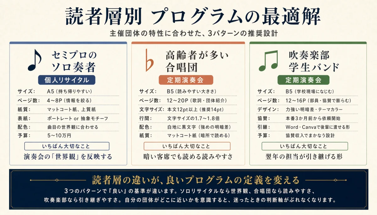 主催される方のタイプ別のプログラム最適解。セミプロのソロ奏者は世界観重視のA5、高齢合唱団は読みやすさ重視のB5大きめ文字、吹奏楽部・学生バンドは引き継ぎやすさ重視のB5 12〜16P