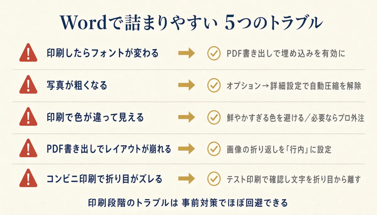 フォント置換・画像粗い・色違う・PDFレイアウト崩れ・折り目ズレの5つのトラブルと解消法