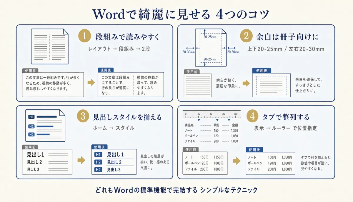 段組み・余白・見出しスタイル・タブ整列の4つのコツを2×2で示した図