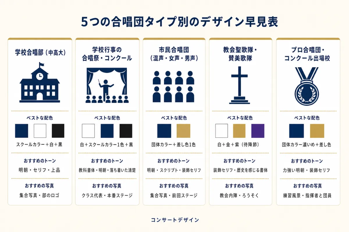 合唱団タイプ別のデザイン特徴｜学校合唱部・市民合唱団・教会聖歌隊・コンクール出場校の比較