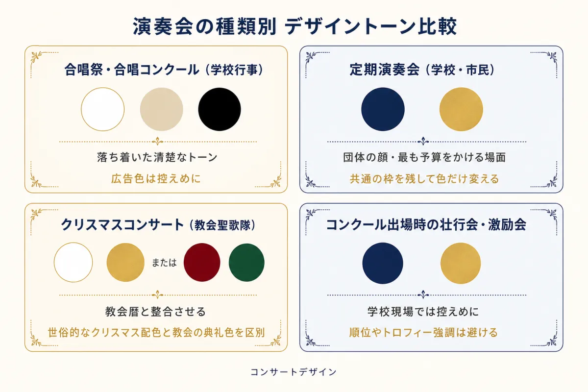合唱演奏会の種類別デザインの違い｜合唱祭・コンクール・定期演奏会・クリスマスコンサート・壮行会の配色・フォント・モチーフ比較