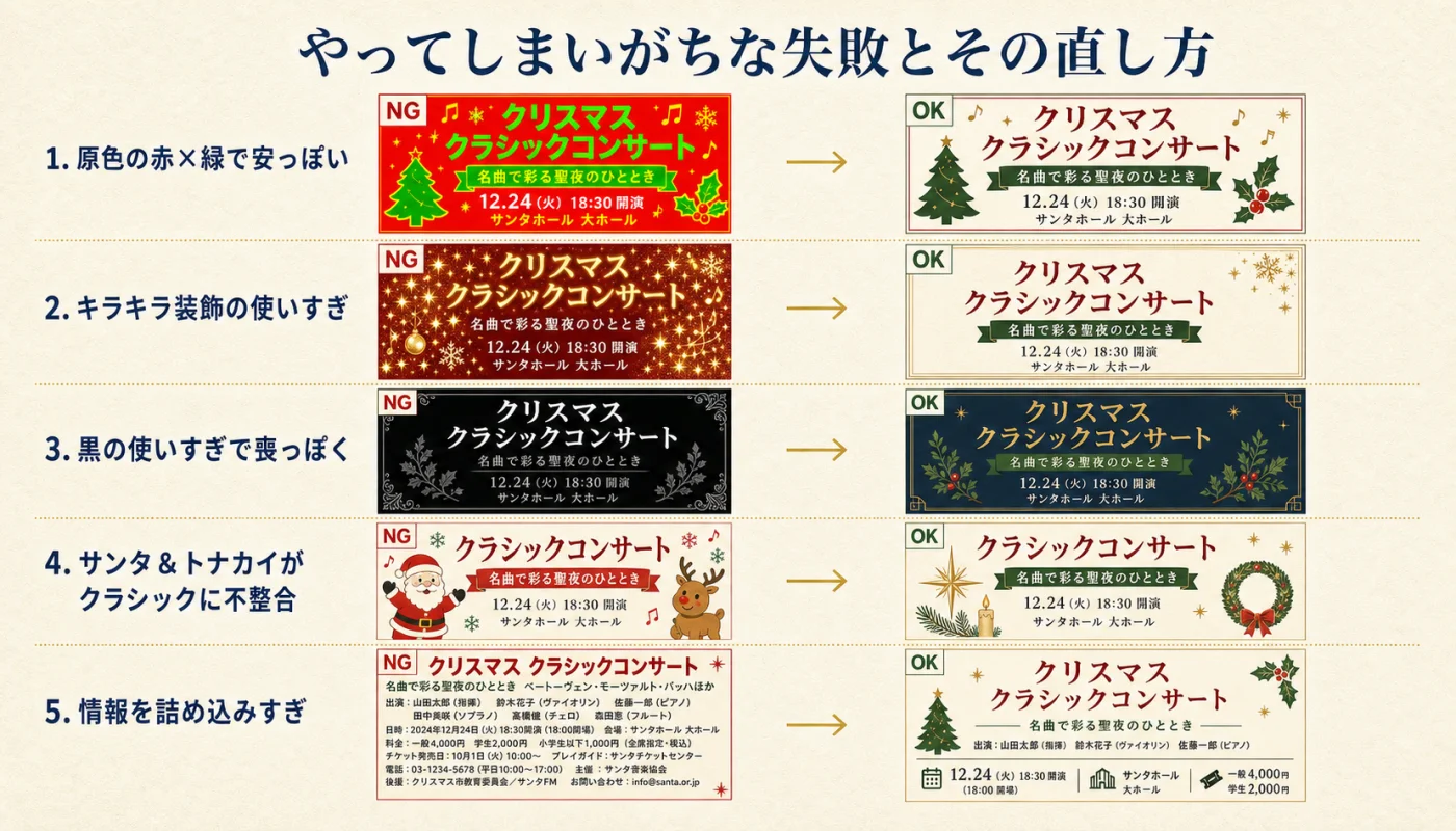クリスマスコンサートポスターのやってしまいがちな失敗5パターンとその直し方｜原色赤緑・キラキラ装飾の使いすぎ・黒の使いすぎ・サンタとトナカイの不整合・情報詰め込みのNGとOK比較