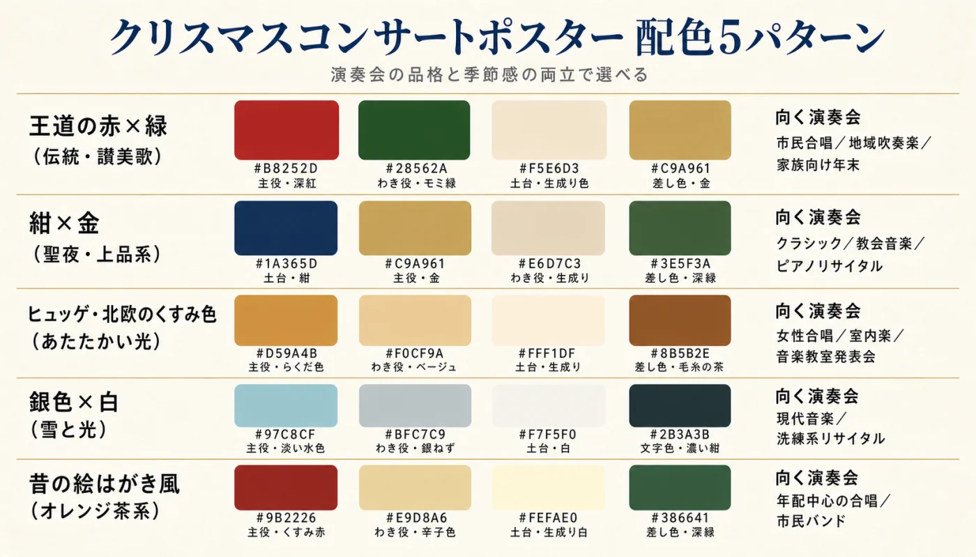 クリスマスコンサートポスターの季節感を出す配色5パターン見本｜王道の赤×緑・紺×金・ヒュッゲ北欧くすみ・銀色×白・昔の絵はがき風の5パレットをhex値と向く演奏会タイプ付きで一覧表示