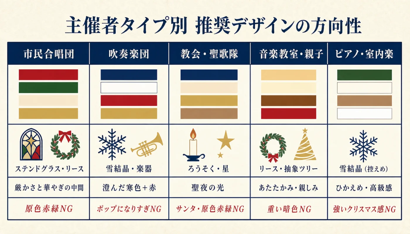 クリスマスコンサートポスターの主催者タイプ別 推奨デザインマップ｜市民合唱・吹奏楽・教会・音楽教室・室内楽の5タイプ別の推奨配色とモチーフとNGポイントを比較した一覧表