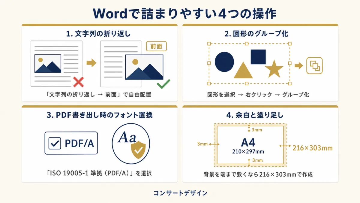 WordテンプレートでチラシをA4に設定して作る5つの手順（余白設定・画像配置・テキストボックス・図形・PDF書き出し）のインフォグラフィック