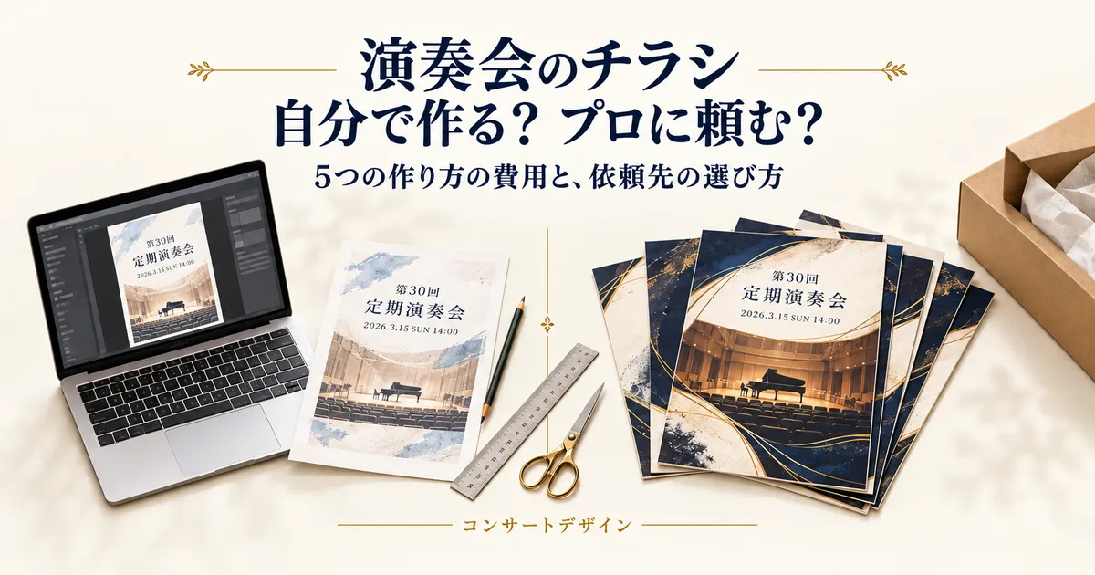 パソコンと家で刷ったチラシの下書きと、プロが印刷した演奏会チラシの束を左右に並べた見出し画像