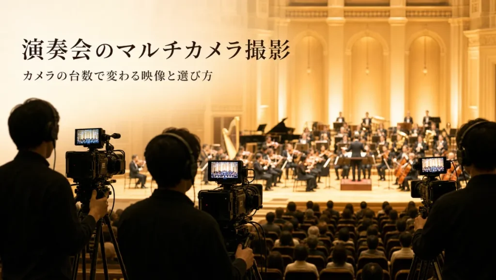 コンサートホールで3台のプロ用ビデオカメラが演奏会のステージを撮影している様子