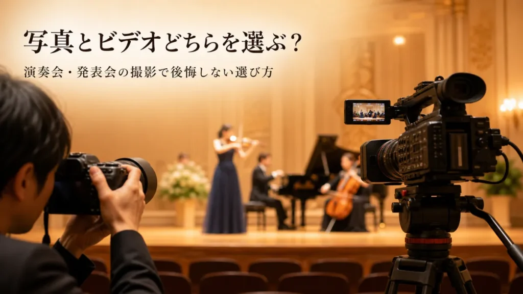 演奏会の舞台を、手前で写真のカメラマンと動画カメラの両方が撮影している様子