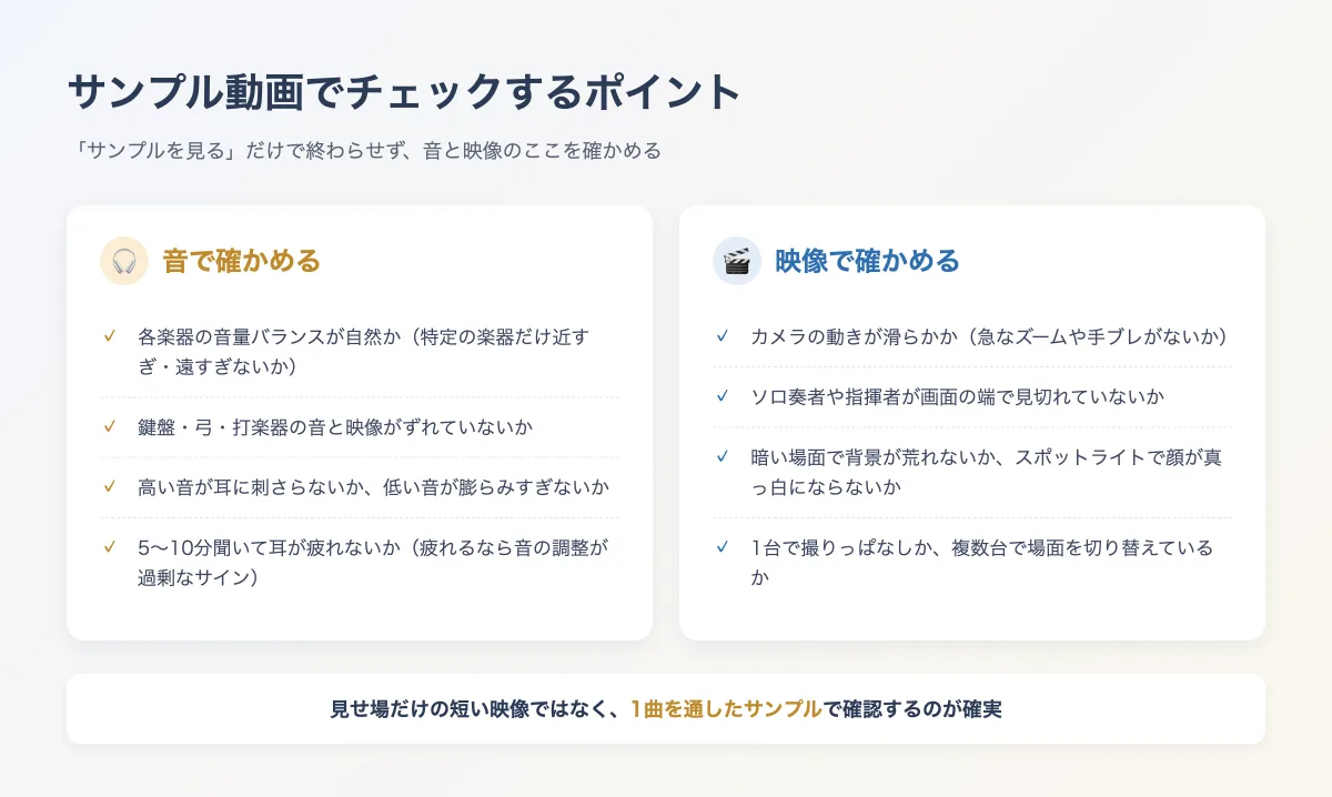 サンプル動画で確認する「音」と「映像」のチェックポイント