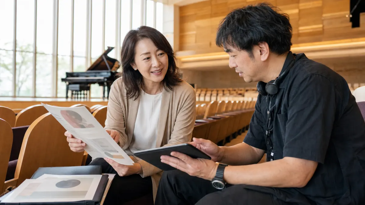 主催者と撮影担当が会場で進行表を見ながら打ち合わせる場面