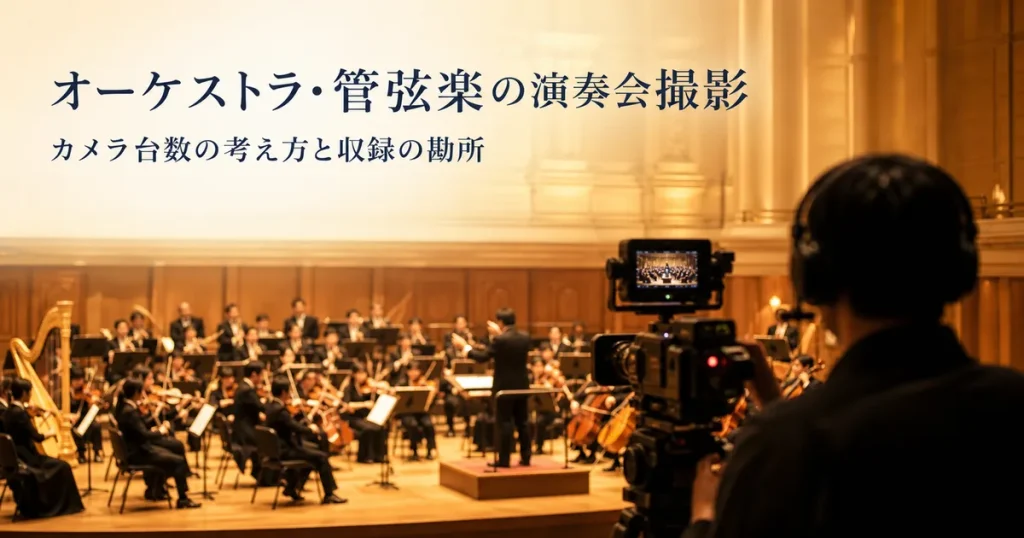 コンサートホールでオーケストラの演奏会をビデオカメラで撮影する様子