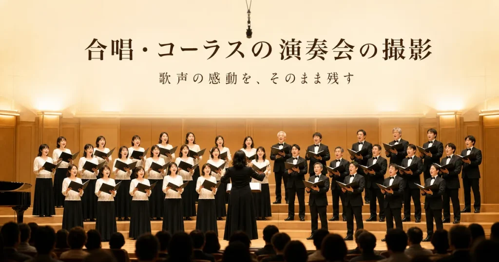 合唱団がステージで歌う演奏会。上空に吊りマイクが見え、客席から撮影・収録する様子
