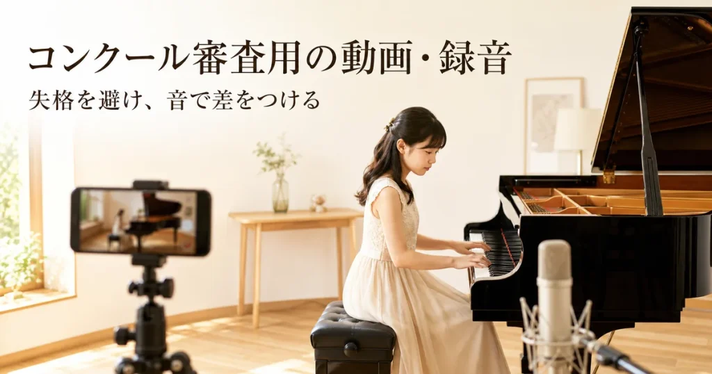 スマートフォンとマイクで演奏動画を撮影している様子（コンクール審査用の動画・録音）