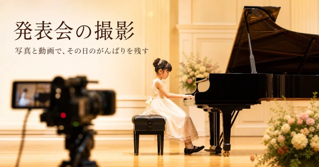 ピアノ発表会のステージで演奏する女の子と、客席手前でプロが構えるビデオカメラ