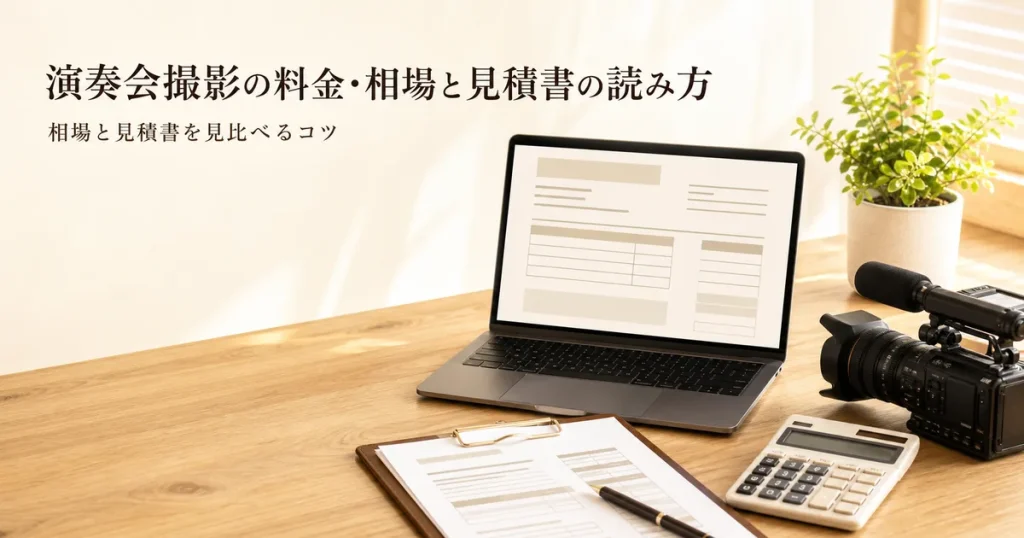 ノートPCで見積書を確認する様子と電卓・カメラ・クリップボード（演奏会撮影の料金と見積書の読み方）