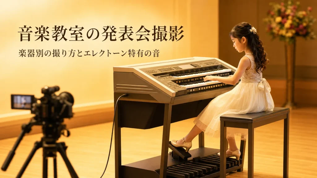 音楽教室の発表会撮影 ― エレクトーンを演奏する子と、プロのビデオカメラ・外付けマイクで録音される様子