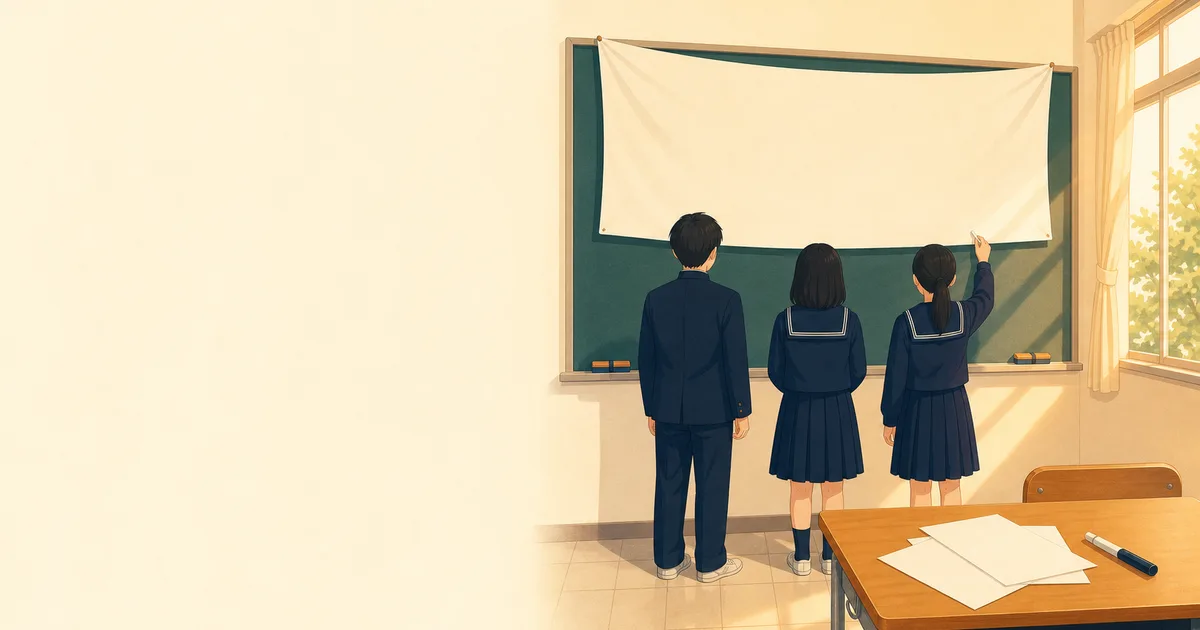放課後の教室で、まだ何も書かれていない幕を前に3人の生徒が相談しているイラスト