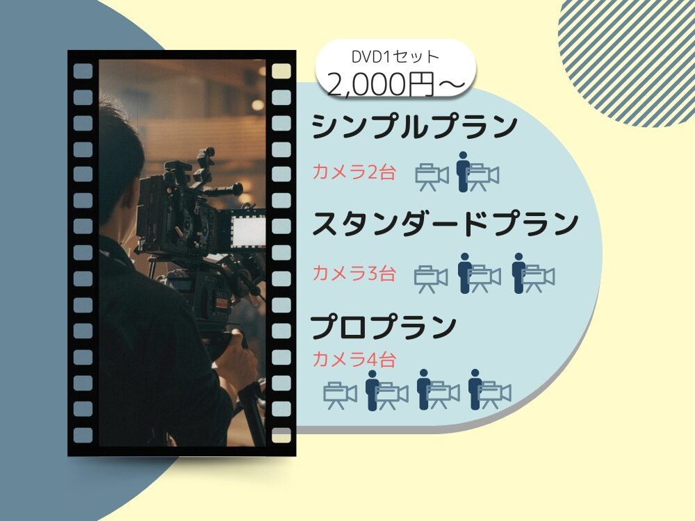 DVD・ブルーレイ制作コースの料金。DVD1セット2,000円から。シンプルプランはカメラ2台、スタンダードプランはカメラ3台、プロプランはカメラ4台