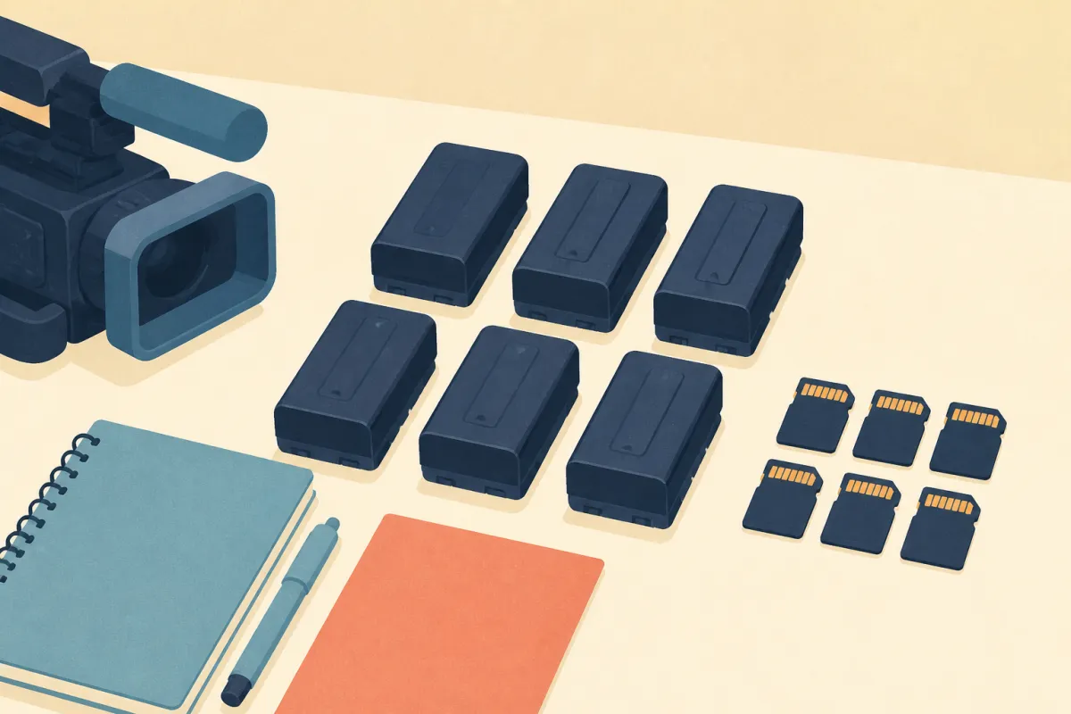 机の上にビデオカメラの予備の電池とメモリーカードが並んでいるイラスト