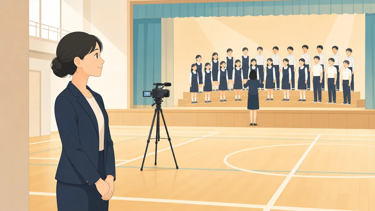 体育館のステージで合唱する児童生徒を、先生が客席側から見守っている。手前にはビデオカメラが立っている